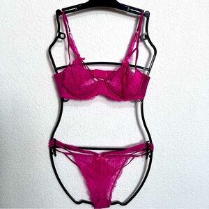 La Senza Hot Pink 2 Piece Stringy Satin Lace Boudoir Set Push Bra & Pantie Small